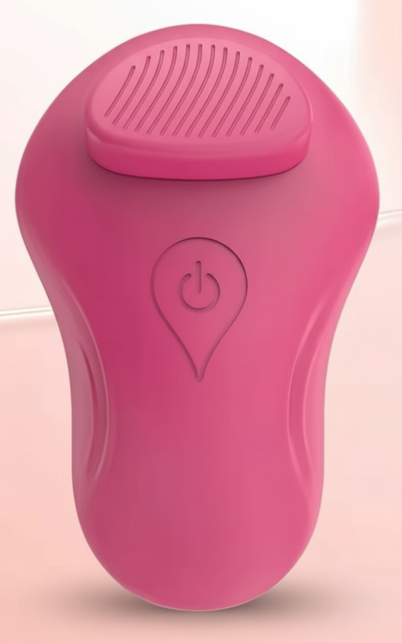Close-up view of Quiet Pulse wearable wellness massager in rose colour, highlighting the soft silicone texture, ergonomic form, and minimalist control button