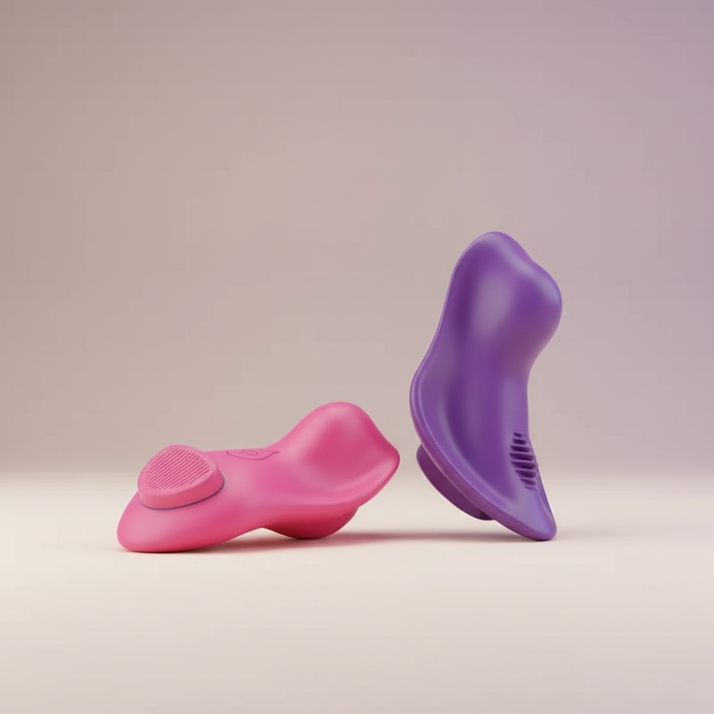 Quiet Pulse wearable wellness massager shown in rose and purple colour options on a soft neutral background, highlighting its ergonomic shape and minimalist design