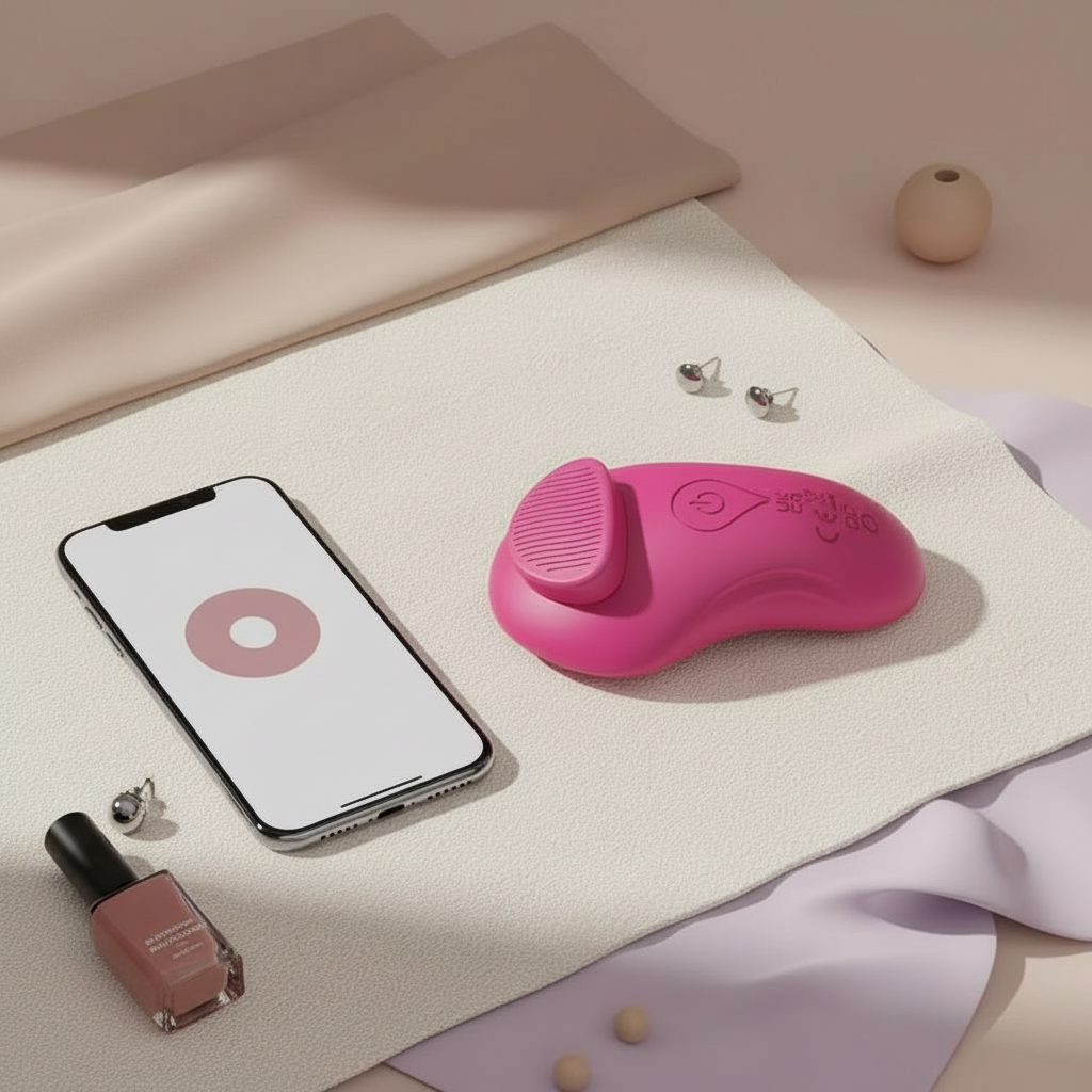 Quiet Pulse wearable wellness massager in rose colour displayed on a soft neutral surface next to a smartphone, highlighting app-controlled personalisation and minimalist design