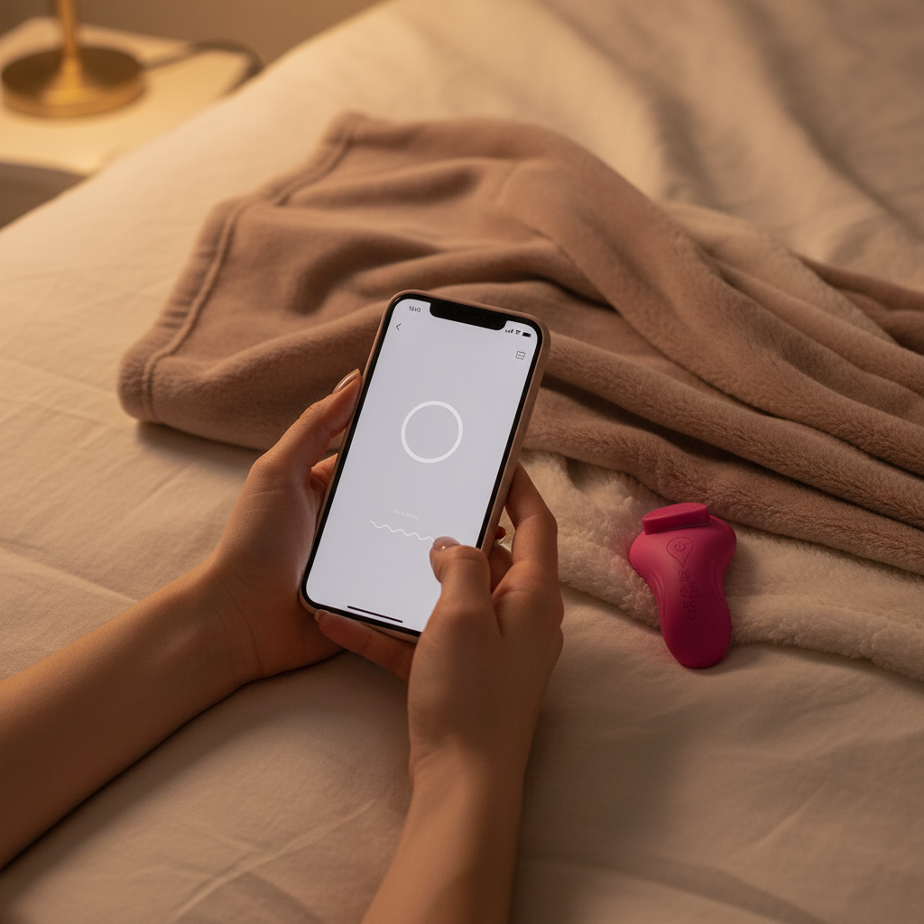 Quiet Pulse wearable wellness massager resting on a bed next to a smartphone displaying the app interface, highlighting discreet app-controlled personalisation in a relaxed home environment