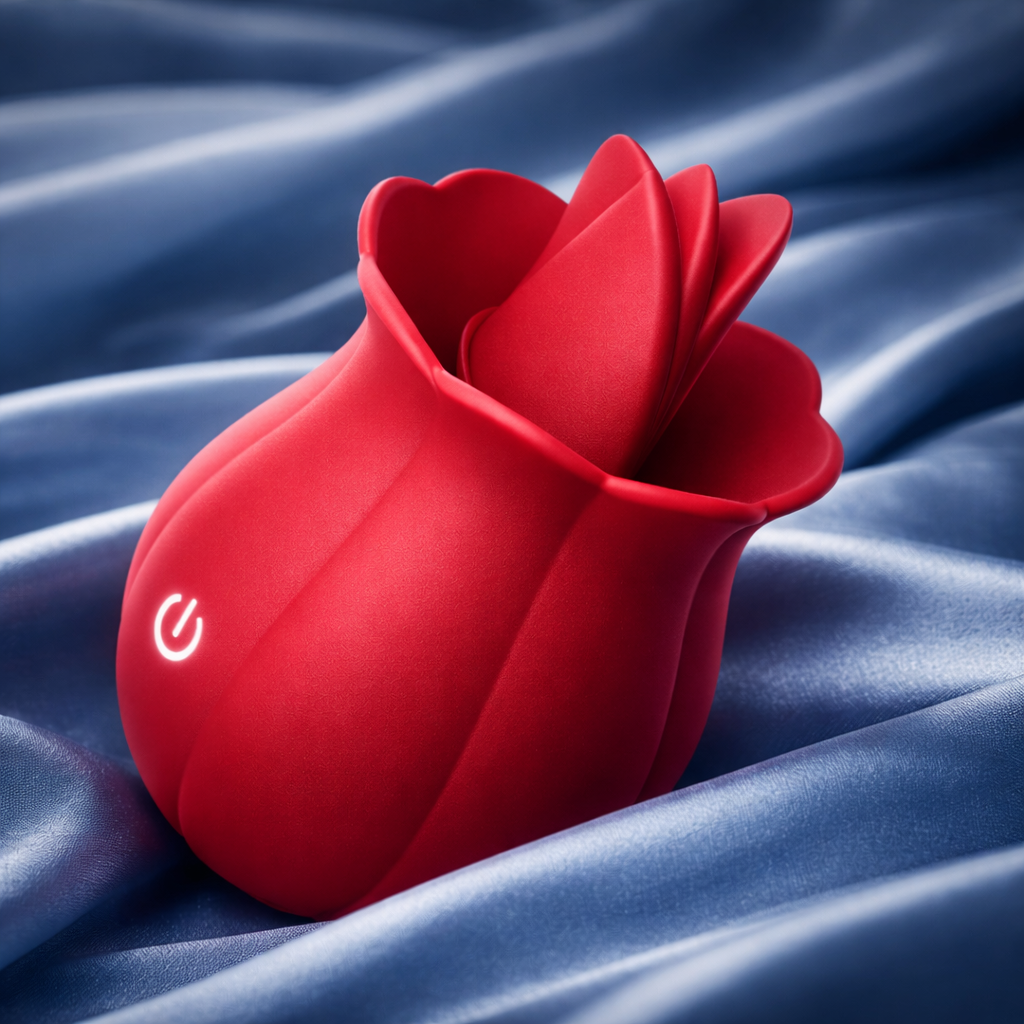 Rose Bliss personal massager displayed on soft fabric, highlighting refined design and premium finish