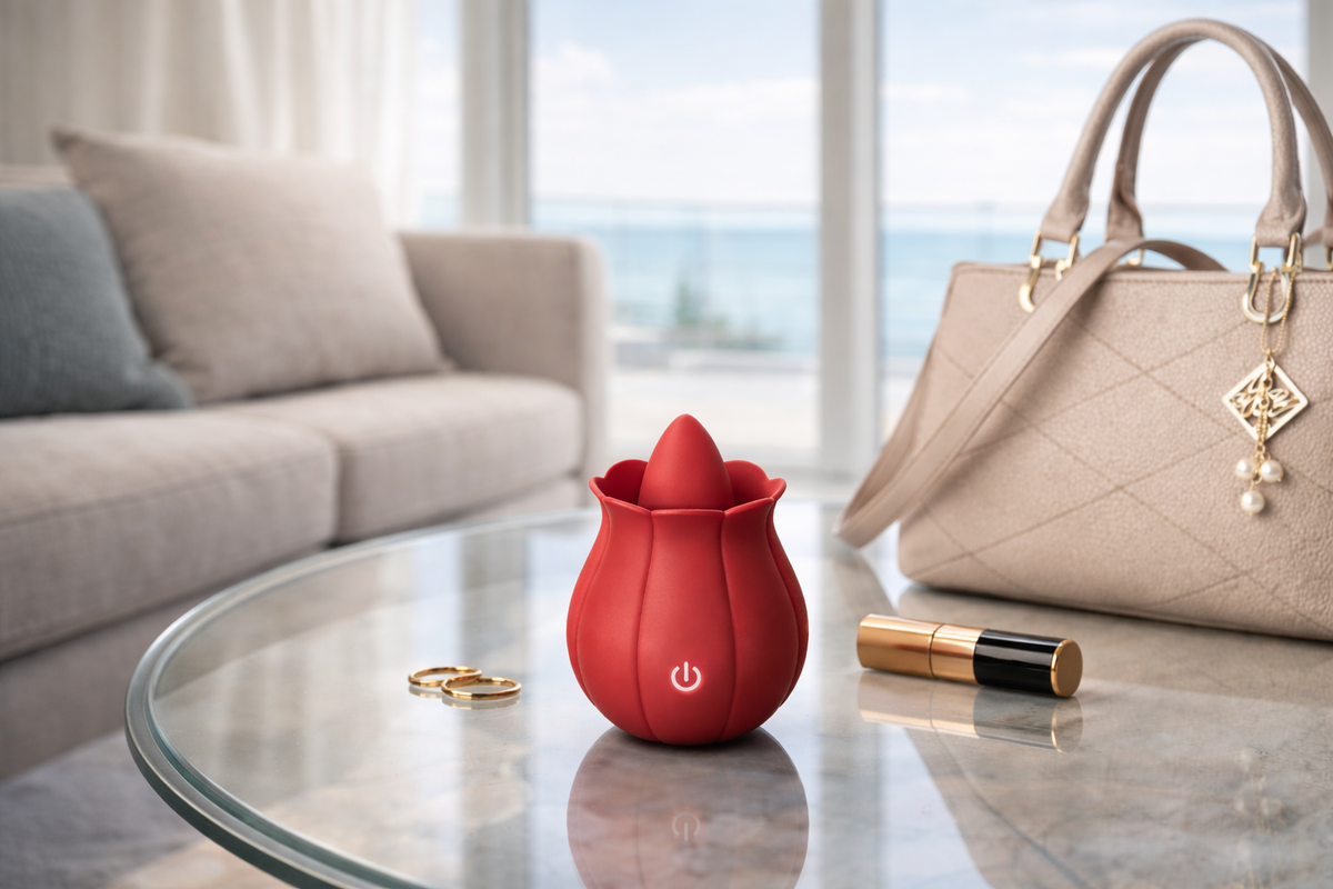 Rose Bliss personal massager displayed on a glass table in a modern living space, showing size and everyday usability