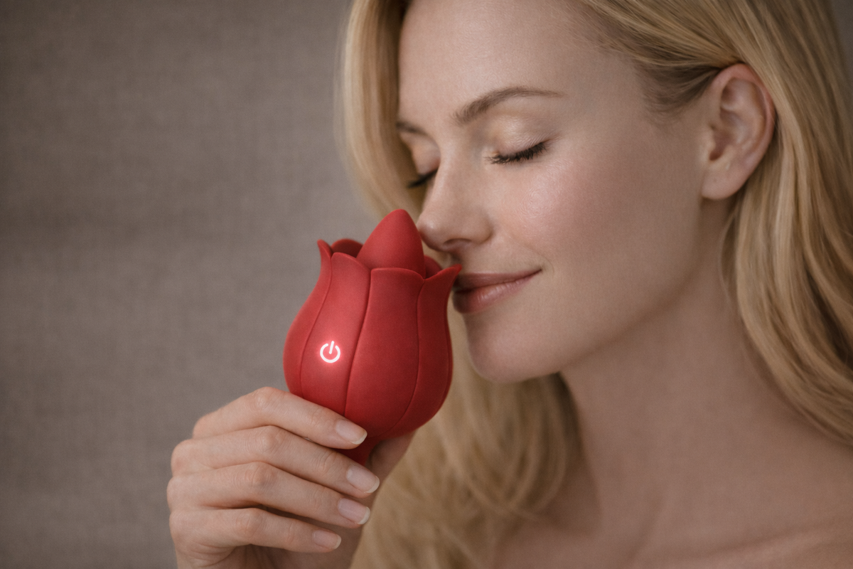 Woman holding the Rose Bliss personal massager in a calm lifestyle setting, highlighting comfort and discretion