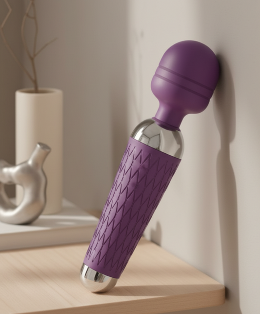 Purple handheld wellness massager resting on a wooden surface in a minimalist interior