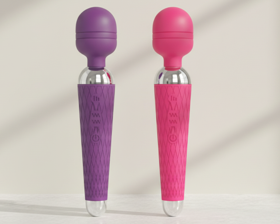 Two handheld wellness massagers in purple and pink displayed side by side on a light background