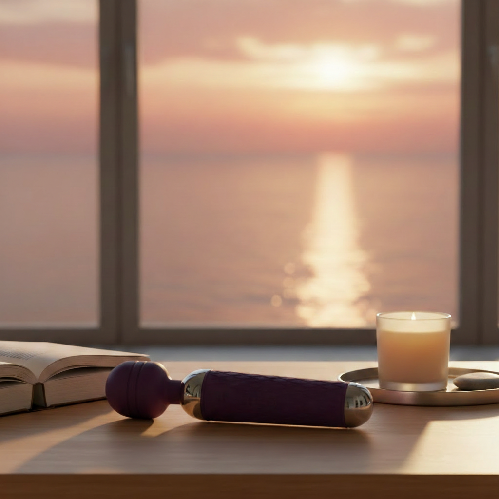 Purple handheld wellness massager on a table with a book and candle by a window at sunset